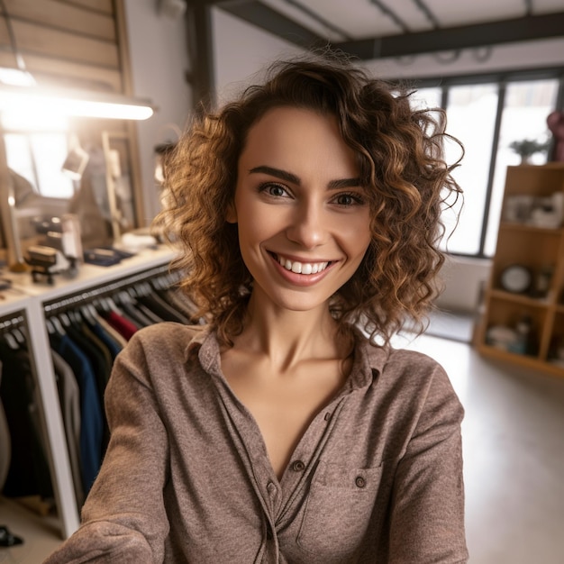 Een vrouw in een winkel met een grote glimlach op haar gezicht.