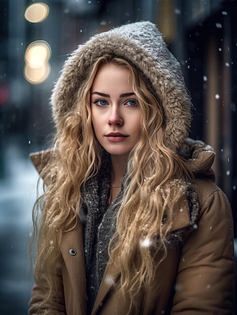 Een vrouw in een winterjas en muts staat in de sneeuw