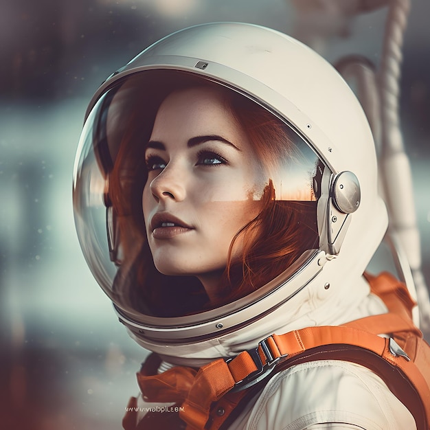 Een vrouw in een wit astronautenpak met een rood hoofd en het woord astronaut erop.