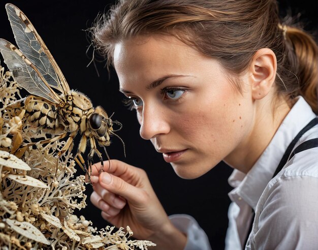 een vrouw in een wit hemd en zwarte schorten houdt een bos gedroogde bloemen vast