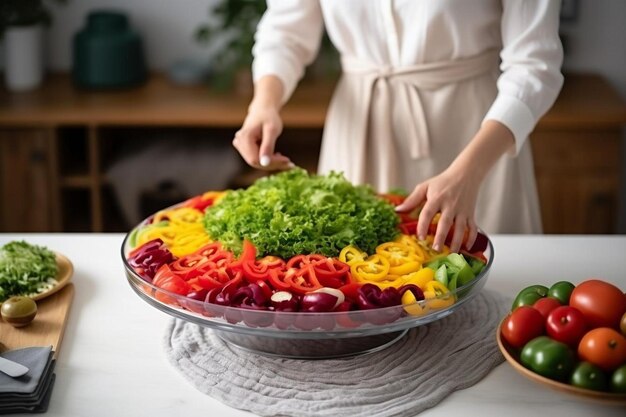 een vrouw in een wit overhemd bereidt een salade voor