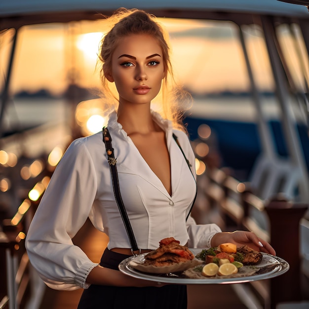 Een vrouw in een wit overhemd houdt een bord met eten vast.