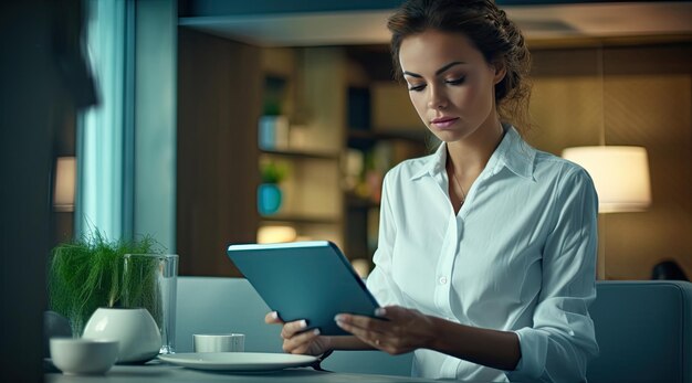 Een vrouw in een wit overhemd houdt een tablet vast en kijkt naar een bord met een glas water