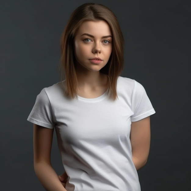 Een vrouw in een wit overhemd staat voor een donkere achtergrond.