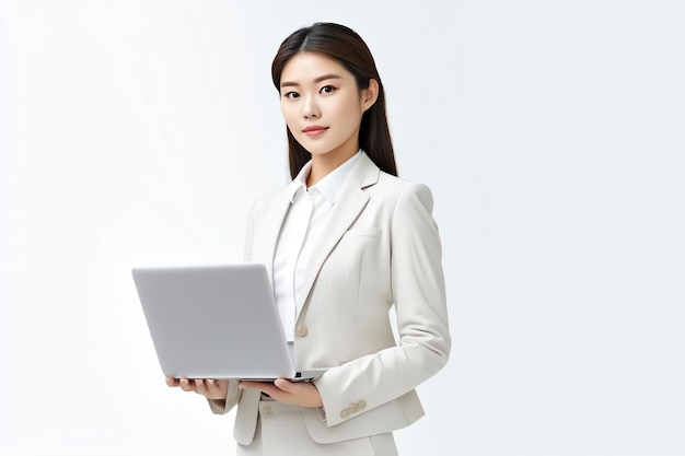 Een vrouw in een wit pak houdt een laptop vast.