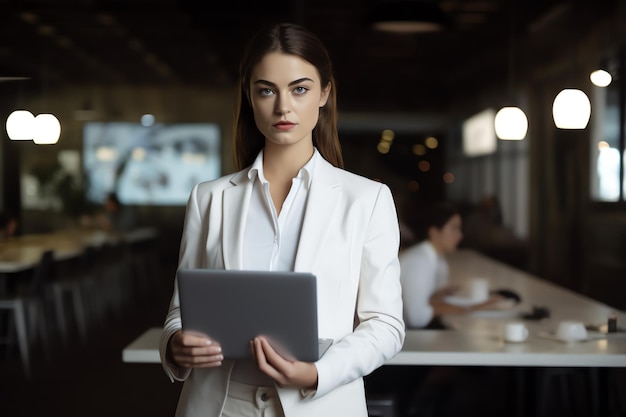 Een vrouw in een wit pak houdt een tablet voor een bureau met op de achtergrond een man.