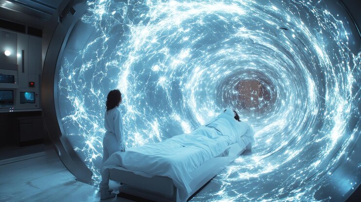 Een vrouw in een wit pak staat naast een bed met een persoon die erop ligt een groot wervelend blauw-wit licht energie portaal is achter het bed