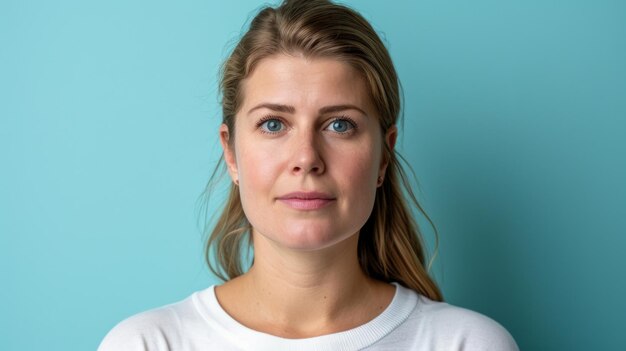 Foto een vrouw in een wit t-shirt die naar de camera kijkt