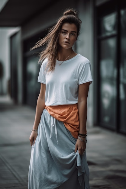 Een vrouw in een wit t-shirt en een wit t-shirt staat op straat.