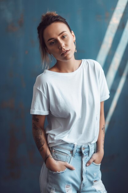 Foto een vrouw in een wit t-shirt en spijkerbroek staat voor een grunge achtergrond