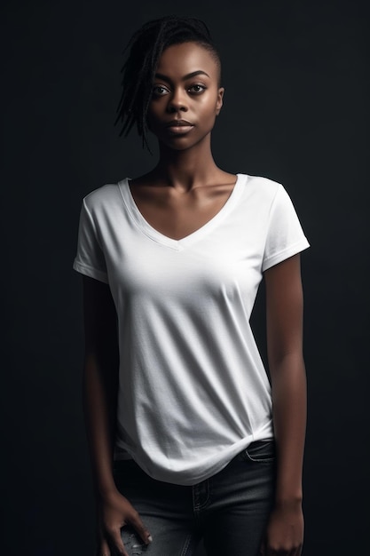 Een vrouw in een wit t-shirt staat in een donkere kamer.