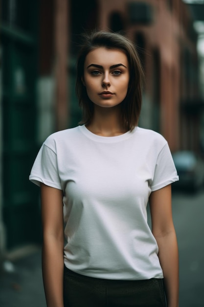 Een vrouw in een wit t-shirt staat op straat