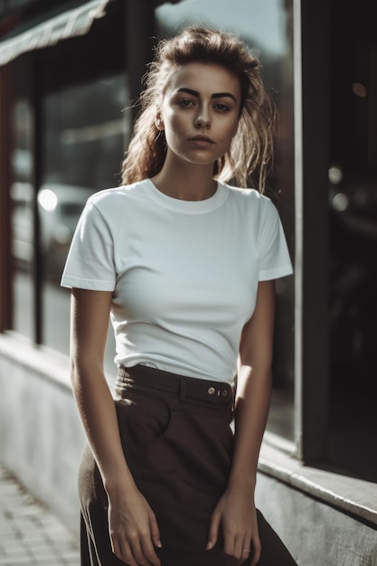 Een vrouw in een wit t-shirt staat voor een raam.