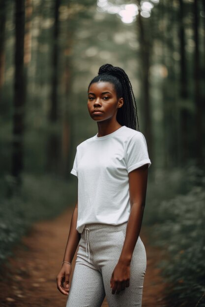 Een vrouw in een wit t-shirt