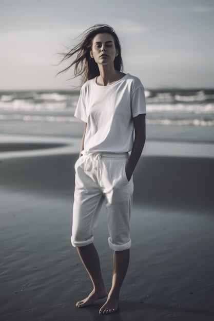 Een vrouw in een wit t-shirt