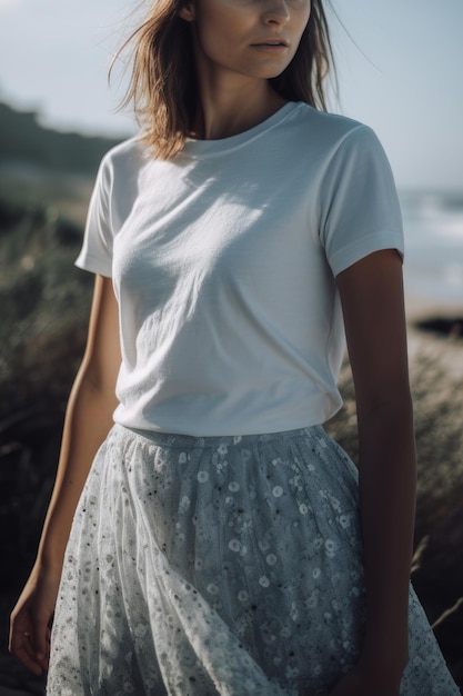 Een vrouw in een wit t-shirt