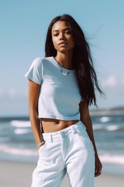 Een vrouw in een wit topje staat op een strand, gekleed in een blauw shirt en een witte korte broek.