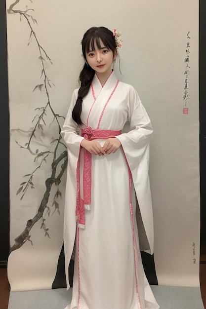 Een vrouw in een witte hanfu-jurk staat voor een muur met een Chinees schilderij.