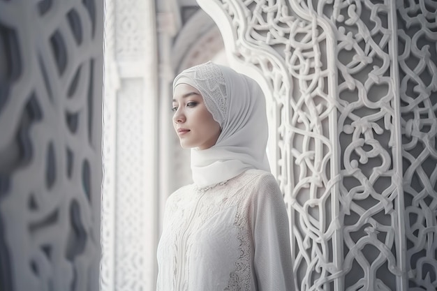 Een vrouw in een witte hijab staat voor een witte muur met een raam