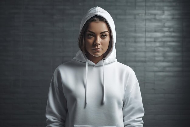 Een vrouw in een witte hoodie staat voor een donkere muur