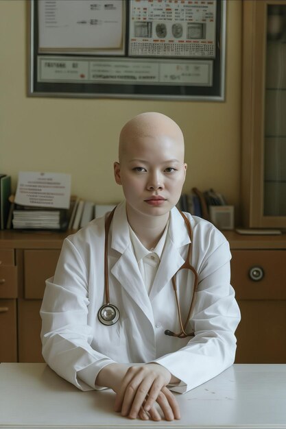 Een vrouw in een witte jas die aan een tafel zit.