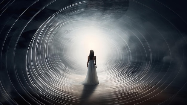 Een vrouw in een witte jurk die door een tunnel loopt Generatieve AI Art