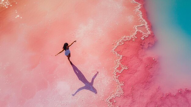 Foto een vrouw in een witte jurk die op een roze strand staat