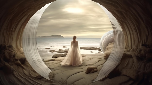 Een vrouw in een witte jurk die op een strand staat en uitkijkt over de oceaan Generatieve AI-kunst
