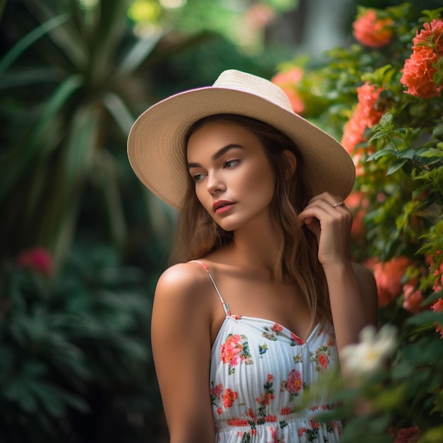 Een vrouw in een witte jurk en een hoed staat in een tuin
