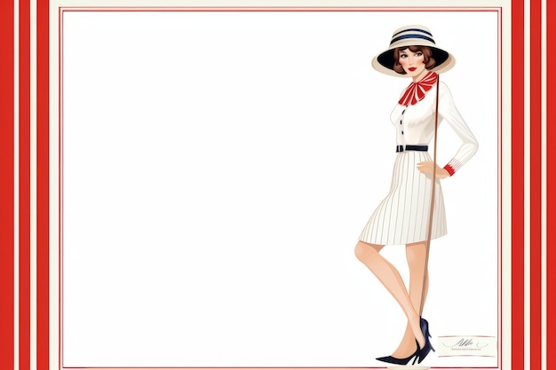 Foto een vrouw in een witte jurk en hoed staat voor een rood-wit gestreepte frame