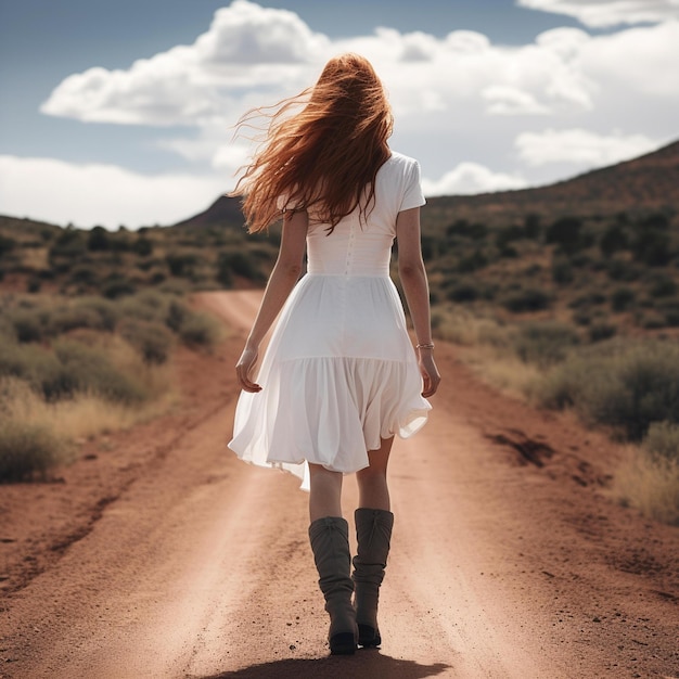 Een vrouw in een witte jurk en laarzen loopt over een onverharde weg.
