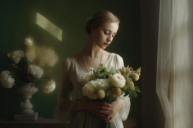 Een vrouw in een witte jurk houdt een boeket bloemen vast.