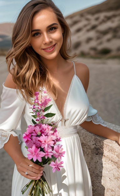 Een vrouw in een witte jurk houdt een boeket bloemen vast.