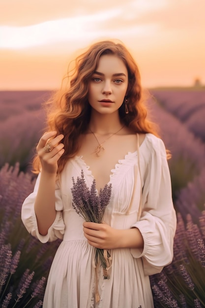 Een vrouw in een witte jurk houdt een bosje lavendel in haar hand