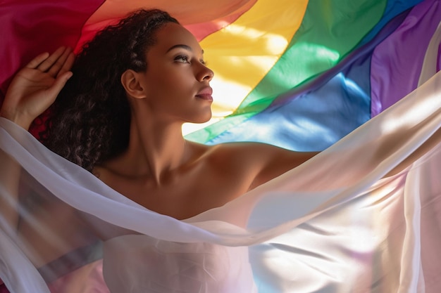 Een vrouw in een witte jurk houdt een regenboogvlag in de lucht.