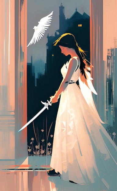 Een vrouw in een witte jurk houdt een zwaard vast en een witte vogel staat voor een gebouw.