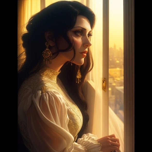 een vrouw in een witte jurk kijkt uit een raam.