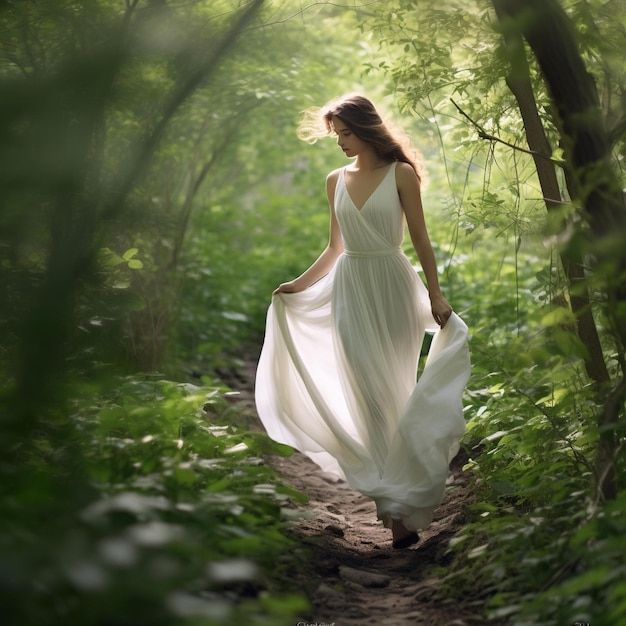 Een vrouw in een witte jurk loopt door het bos.
