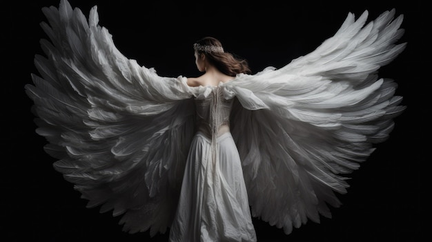Een vrouw in een witte jurk met gespreide vleugels generatieve ai