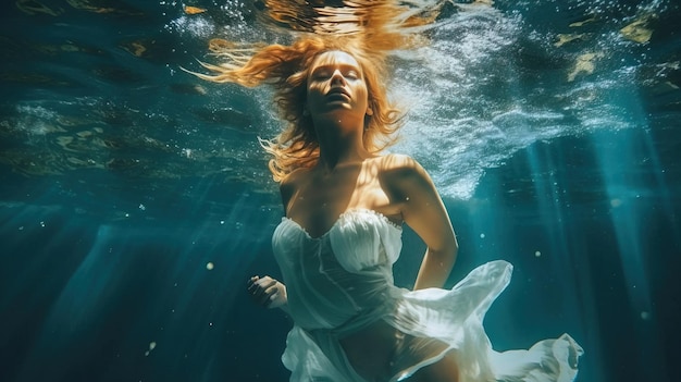 Een vrouw in een witte jurk onderwater Generatief AI Art