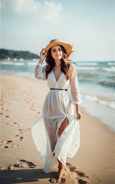 Een vrouw in een witte jurk op het strand.