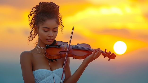 Een vrouw in een witte jurk speelt viool bij zonsondergang met de zon op de achtergrond en wolken in de
