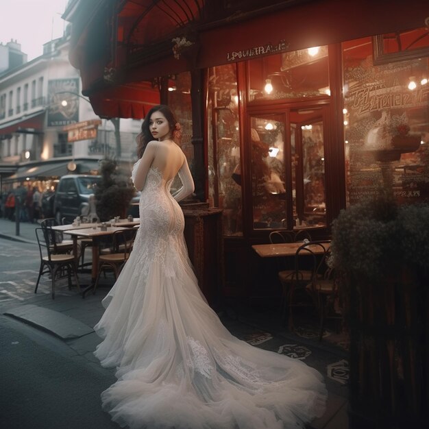 Een vrouw in een witte jurk staat buiten een restaurant.