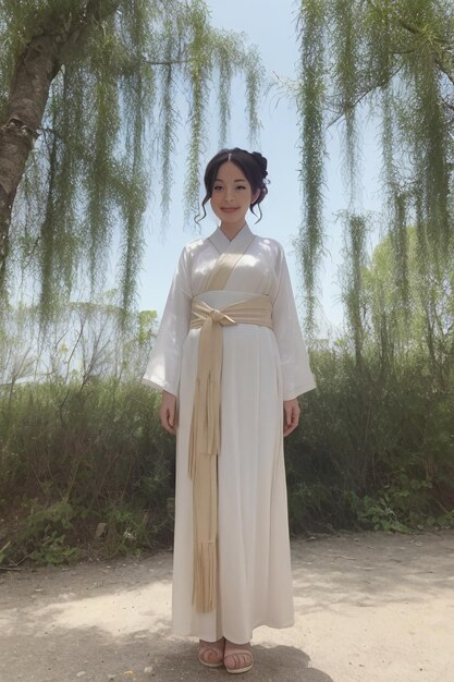 Een vrouw in een witte jurk staat voor een boom met het woord hanfu erop.