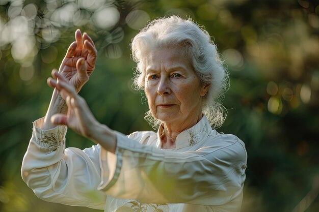 Foto een vrouw in een witte jurk steekt haar handen uit.