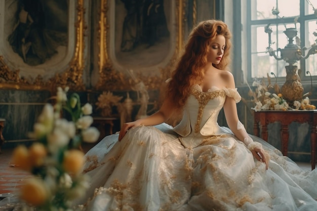 een vrouw in een witte jurk zit in een stoel in een kamer met een raam en de woorden 'ze is een.'