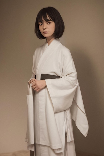 Een vrouw in een witte kimono staat voor een beige muur.