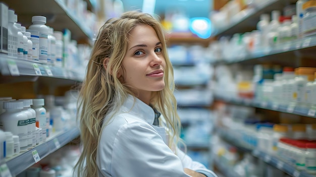 Een vrouw in een witte labjas staat in een apotheek gang Generatieve AI