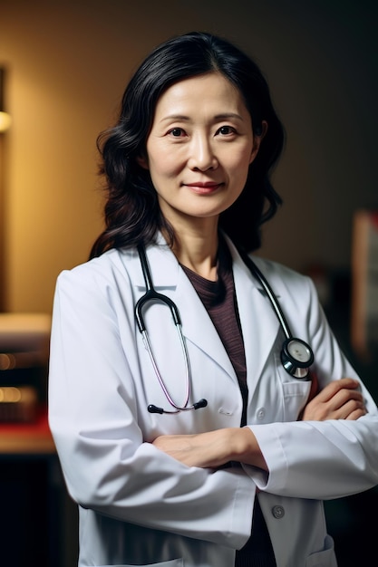 Een vrouw in een witte laboratoriumjas met een stethoscoop om haar nek staat in een keuken.