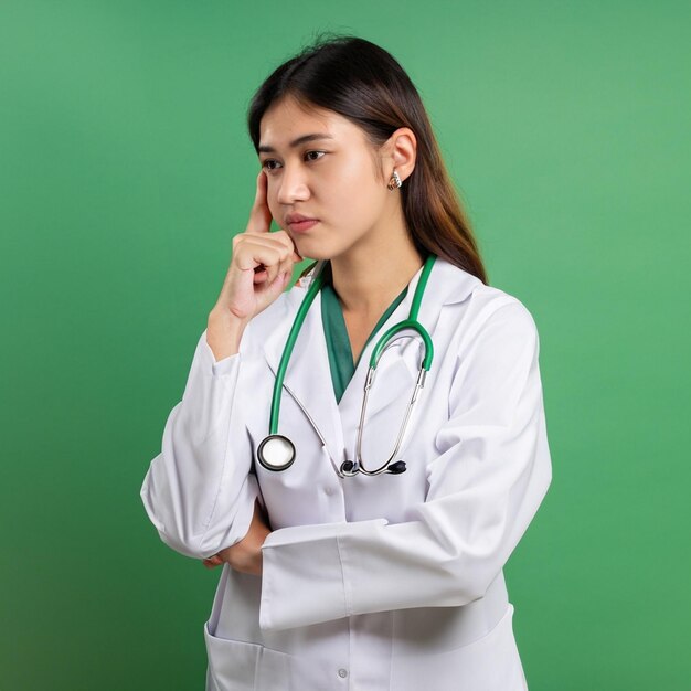 een vrouw in een witte laboratoriumjas staat tegen een groene achtergrond
